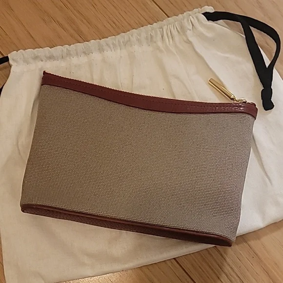 Cuyana Mini Canvas and Leather Tan and Deep Red Pouch with Gold Zipper - Picture 6 of 8